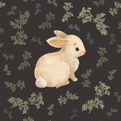 amazing stylish hand drawn seamless pattern. Forest colorful and cute soft bunny with green branches on dark brown background