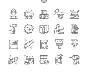 Carpentry. Woodwork. Sanding machine. Builder, wood and toolbox. Finished product. Pixel Perfect Vector Thin Line Icons. Simple Minimal Pictogram - obrazy, fototapety, plakaty