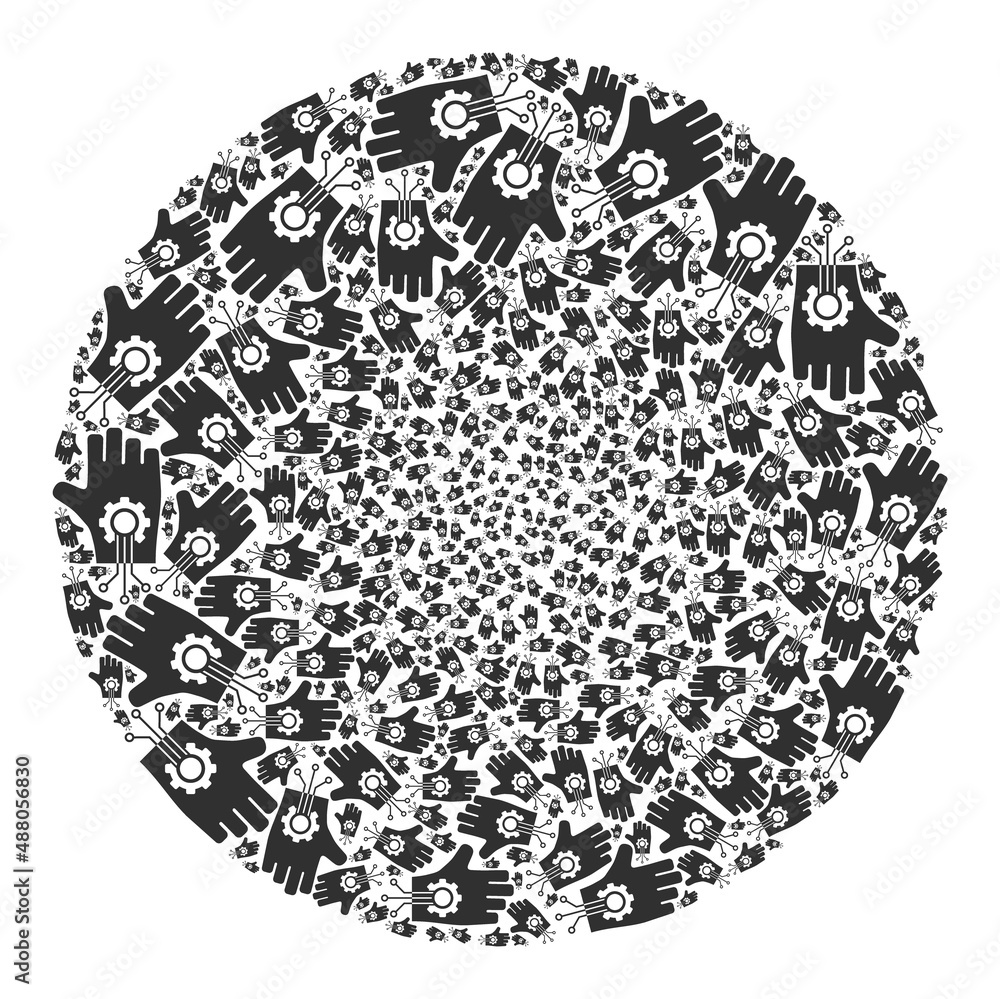 Poster mechanical arm symbols are organized into globe group. mechanical arm icon bubble mosaic. abstract s