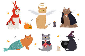 Cute cats in spooky Halloween costumes set. Scary kittens in costume crab, witch, dracula angel and wizard. Creepy animals for holiday. Cartoon flat vector collection isolated on white background