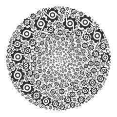 Smart gear signs are organized into circle group. Smart gear icon spheric collage. Abstraction spheric cluster collage is organized with smart gear symbols.