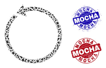 Round MOCHA textured stamps with text inside round forms, and spall mosaic rotate ccw icon. Blue and red stamps includes MOCHA tag. Rotate ccw mosaic icon of debris items.