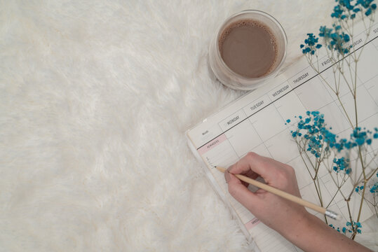 Close up top view of girl student writes notes in diary notebook journal, makes goals check list, agenda plan, organizing, writing reminders list. Calendar reminder event for planner concept.