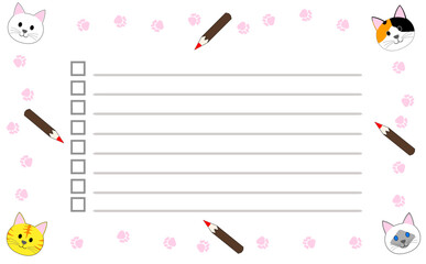 To-do list with cats illustrations, a pencil icon, and a frame of footprint