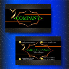Modern business card template design. Company contact card. A two-sided image of a business card with a logo and contact details. Vector illustration.