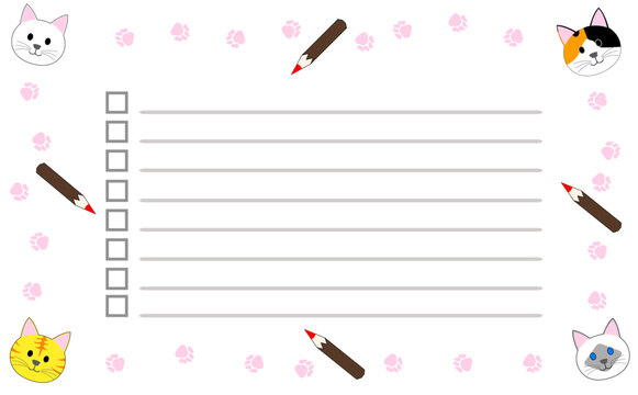 To-do list with cats illustrations, a pencil icon, and a frame of footprint