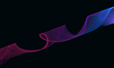 Elegant digital wavy 3d stripe as sound wave, pulse of rhythm, acoustic mix, vibration idea. Translucent gradient of pink, purple, blue on black. Great as cover print for electronics, poster, element.