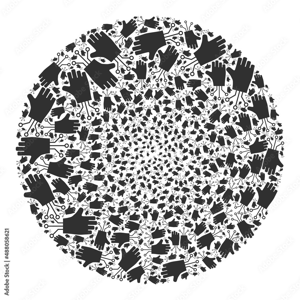 Poster mechanical hand icons are organized into round collection. mechanical hand icon round mosaic. abstra