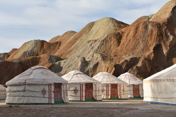 A Yurt Camp at Zhangye Rainbow Mountains China. 