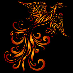 Phoenix with fiery wings and long curled tail flying with floral ornate feathers flaming and glowing Christian ornament and symbol of rebirth emblem fantasy mythical bird in orange color