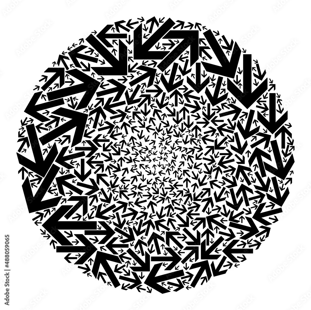 Poster direct arrow elements are composed into round group. direct arrow icon bubble collage. abstract roun