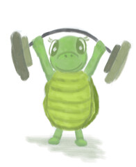 Tortoise strong man lifts the barbell