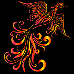 Phoenix with fiery wings and long tail with curls flying with floral ornate feathers flaming and glowing Christian ornament and symbol of rebirth emblem fantasy mythical bird yellow red pink color