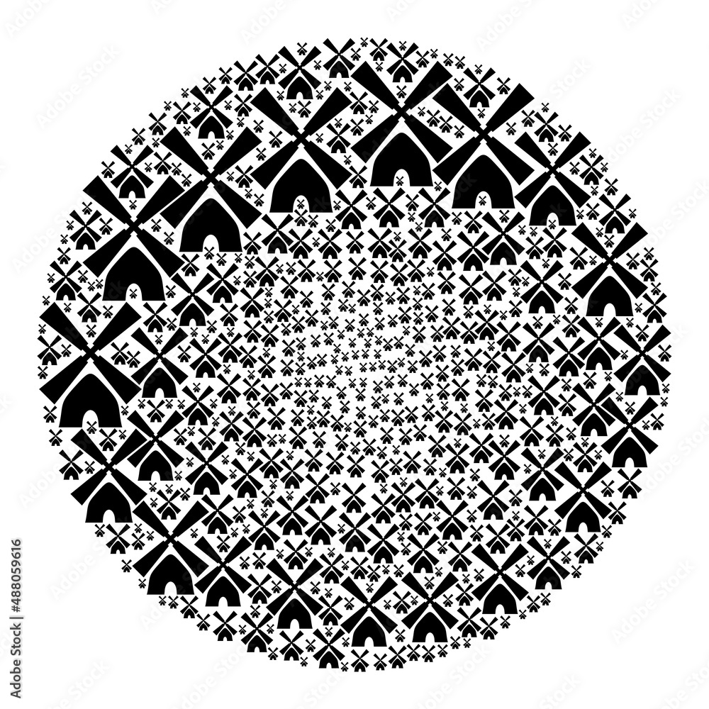 Poster tower mill icons are combined into round group. tower mill icon bubble mosaic. abstraction round glo