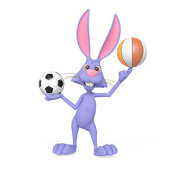rabbit cartoon is holding a soccer ball and also a basketball