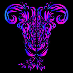 goat with graceful elegant curved horns of blue and pink on a dark background