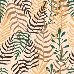 Summer tropical pattern in boho style. Earthy beige, green colors. Botanical, tropical leaves, plant branches for summer sale banners, wall art, fabrics, design. Simple flat style vector illustration.