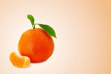 fresh tangerine or mandarin orange fruit with leaves  and segments isolated on gradient background with copy space