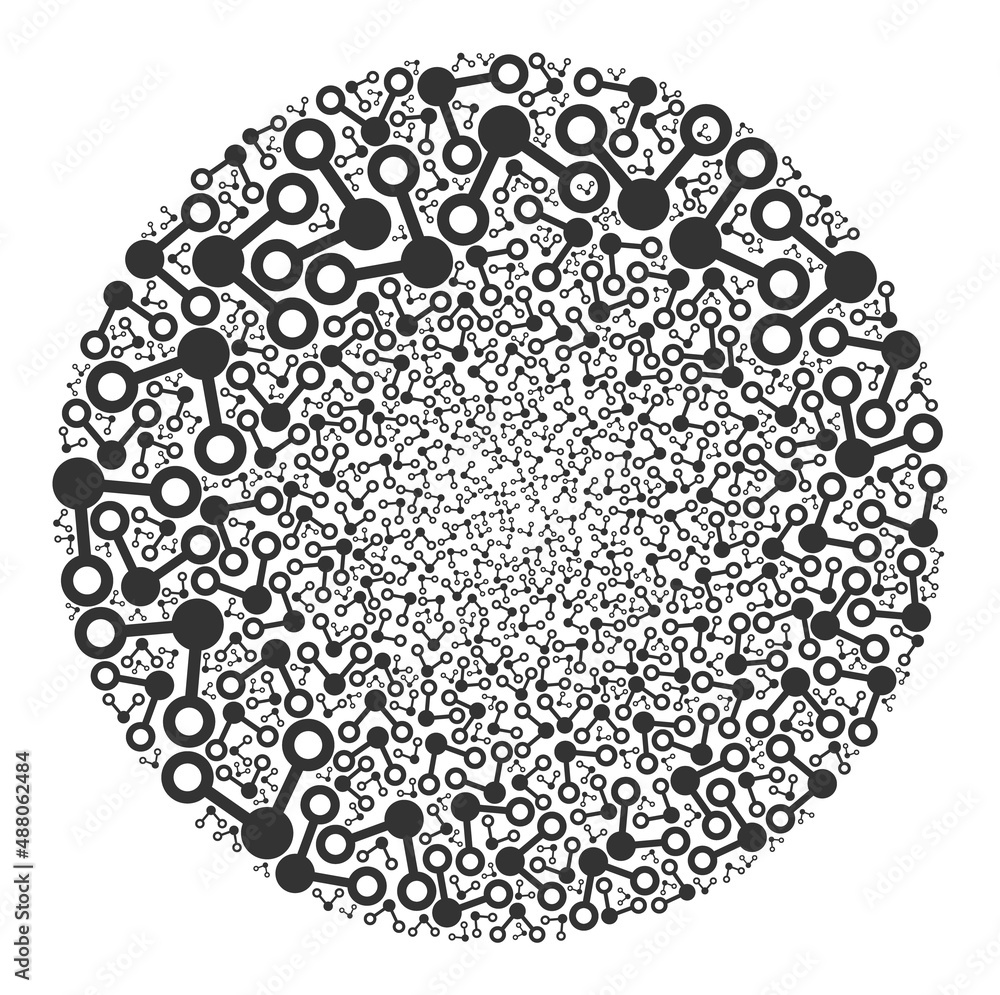 Poster links items are composed into round group. links icon spheric collage. abstraction spheric bubble co
