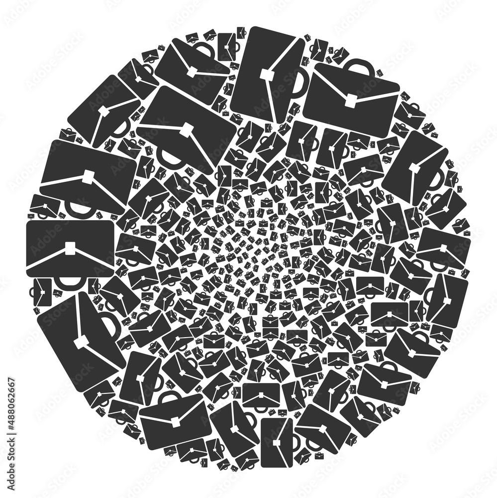 Poster portfolio items are scattered into round collection. portfolio icon round collage. abstraction round