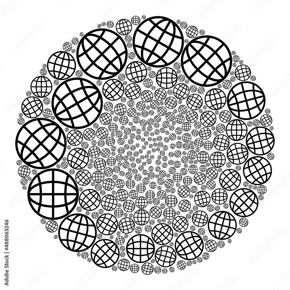 Poster globe symbols are grouped into ball group. globe icon bubble mosaic. abstract spheric globula mosaic