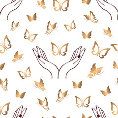 Cute seamless pattern with female hands and golden butterflies for gift wrap, textile, covers, wallpapers, scrapbook, Valentine's Day, birthday, Mother's Day, wedding. Vector.