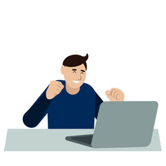 Happy  glad guy sits in front of a laptop and raised his fists up, flat vector, isolate on a white background