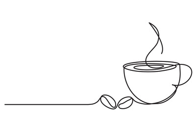 Cup of coffee and coffee bean. Hot beverage. Aroma of coffee. Continuous line drawing.