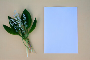 landfsh, lily of the valley flower, spring flower, field flower, garden flower, letter, place for text, frame, background