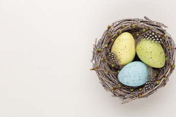 Easter eggs in the nest. Spring greeting card.