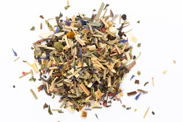 Herbal tea on a white background. Top view.