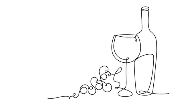 Wine glass, a bottle of wine and grapes. Still life. Sketch. Draw a continuous line. Decor