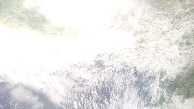 Earth zoom in from outer space to city. Zooming on Togo, Lome. The animation continues by zoom out through clouds and atmosphere into space. View of the Earth at night. Images from NASA