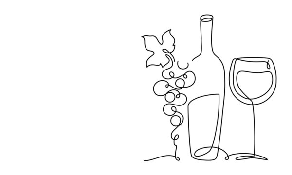 Wine glass, a bottle of wine and grapes. Still life. Sketch. Draw a continuous line. Decor