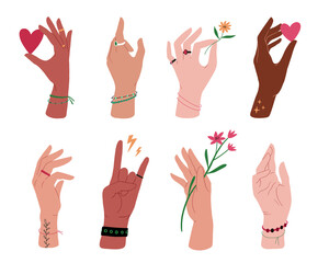 Different skin colors hands collection. Hands with flowers, hearts, bracelets, rings. Human palms, wrists, fists. Different gestures. Vector illustration