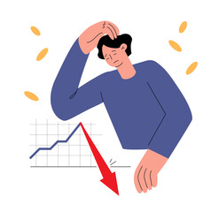 Money loss broker market. Young woman character looking sad at red graph. Stock collapse, financial crisis, money problems, cash gap, inflation hits, sudden failure. Flat vector cartoon illustration