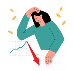 Money loss broker market. Young woman character looking sad at red graph. Stock collapse, financial crisis, money problems, cash gap, inflation hits, sudden failure. Flat vector cartoon illustration