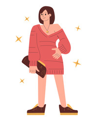 Ready for party morden girl in trendy clothes and bag in sneakers. Self confidence concept. Flat simple vector illustration isolated on white background