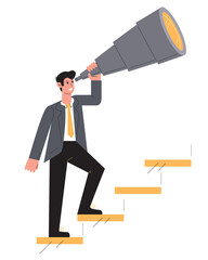 Observing new perspective looking for new horizons, strategic planning concept.  Businessman looking though telescope climbing the career stairs. Flat vector illustration isolated on white background