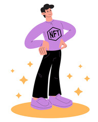 Cool flat doodle male character promoting nft concept standing strond in power pose. Young man trading crypto through internet in non-fungible token bidding. Flat simple vector illustration