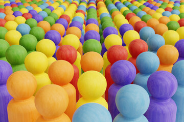 Diversity, Equality and Representation Concept. Rows of Colorful Wooden Doll Figures.