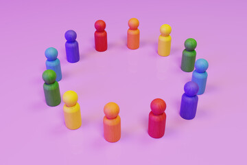 Diversity, Equality and Representation Concept. Colorful Wooden Doll Figures in a Circle.