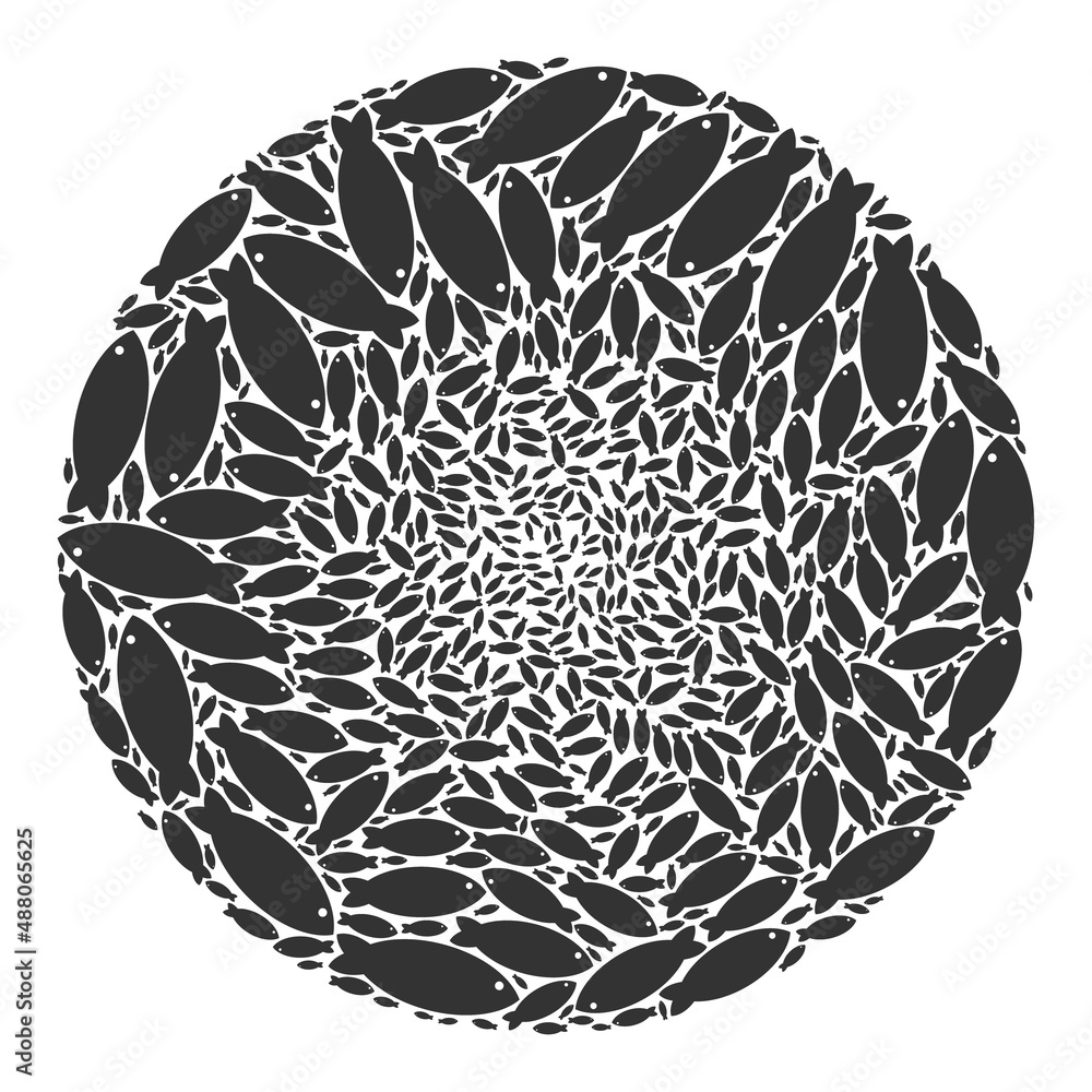 Poster fish symbols are composed into round collection. fish icon round mosaic. abstract round bubble mosai