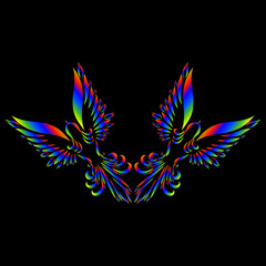 Obraz premium two doves spirit holy free flying wings ornate graceful swirl feather ornament logo christian symbol of hope and peace yellow green purple blue pink color