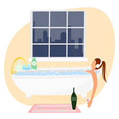 Obraz na płótnie Canvas woman wearing headphones takes a bath with soap bubbles and drinks wine from a glass in front of a window with a night city. Shower, hygiene, health care, design concept for recreation. Vector