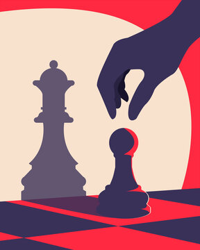 Banner Chess. Poster for chess tournament. A pawn becomes a Queen. Silhouette of chess pieces. Vector icons isolated on white background.