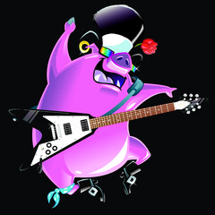rock'n'roll pig in top hat jumping up playing electric guitar