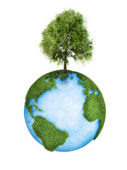 World globe shape of green grass with tree on it isolated on blue background. Eco concept