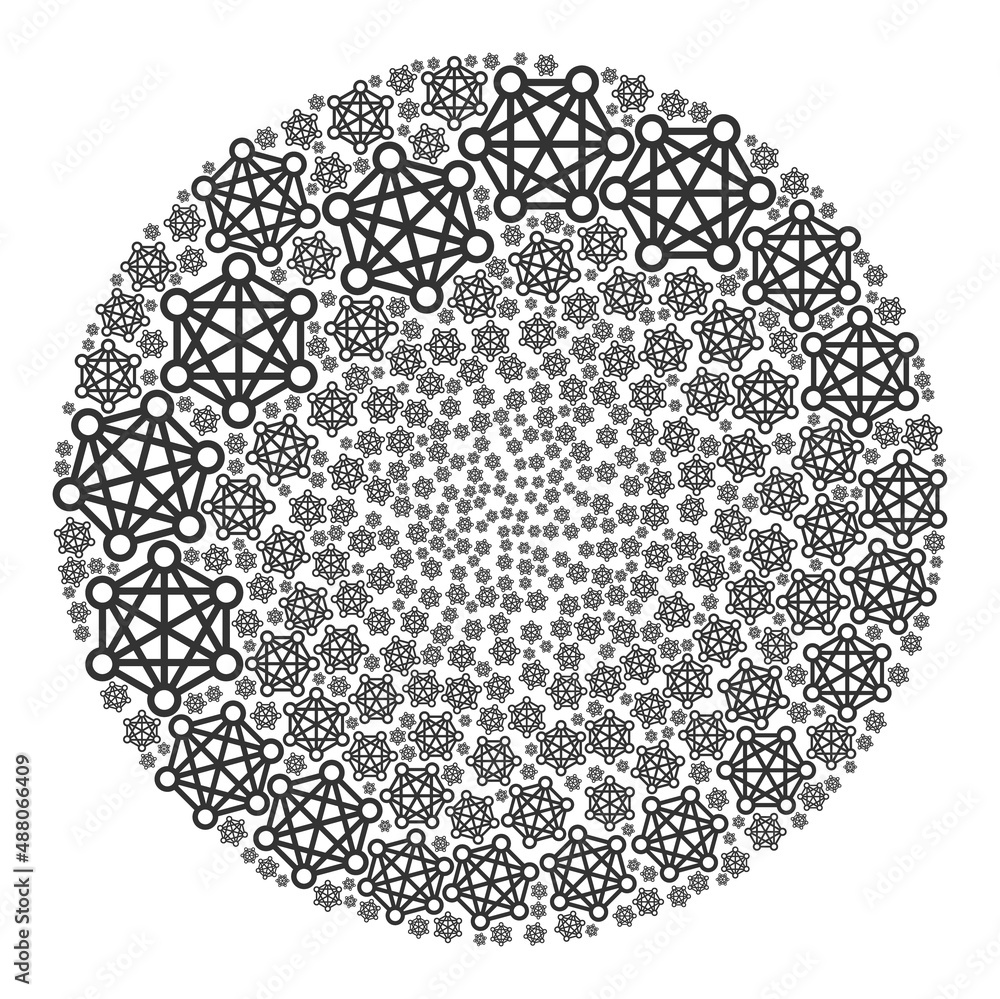 Poster network relations items are grouped into circle group. network relations icon bubble collage. abstra