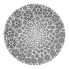 Network relations items are grouped into circle group. Network relations icon bubble collage. Abstraction spheric globula collage is combined with network relations items.